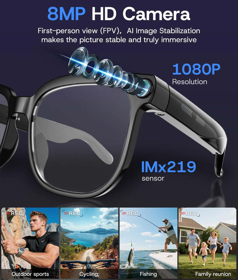 AI Smart Glasses, Bluetooth Glasses for Men, Women,8MP Camera, Real-time ChatGPT, AI Photo Recognition and Translation,Photochromic Transition Lenses, WiFi Transfer, for Life, Work and Travel