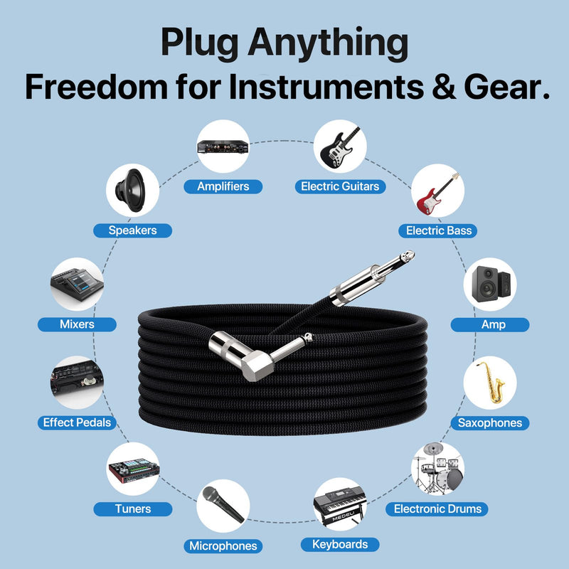 Guitar Cables 50FT, Amp Chord Electric Guitar Aux Amp Cord Braided, TS 1/4 Quarter Inch Straight to Right Angle Bass Instrument Cable Pro Audio (Black, 1Pack) 1 PACK