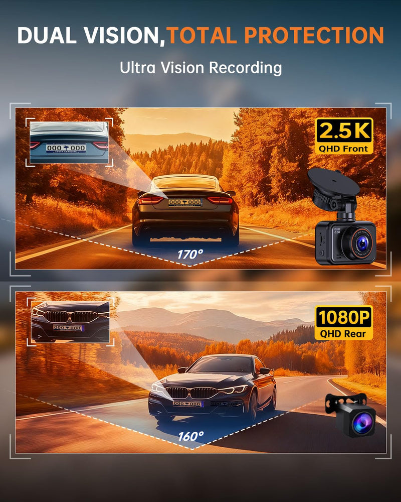 [AUSTRALIA] - Dual Dash Cam Front and Rear — 2.5K HDR Night Vision Car Camera with G-Sensor & 24H Parking Monitor, Compact Plug & Play Dash Cam with Super Capacitor, 32GB Card Included, Supports 256GB Max 