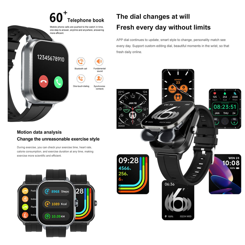 Tuanzi D8Pro 2.01" TFT Smartwatch with Earbuds Smart Watch TWS Wireless Bluetooth Headset Health Monitor Fitness Tracker Bluetooth Call Music Player (Black Silicone) Black Silicone