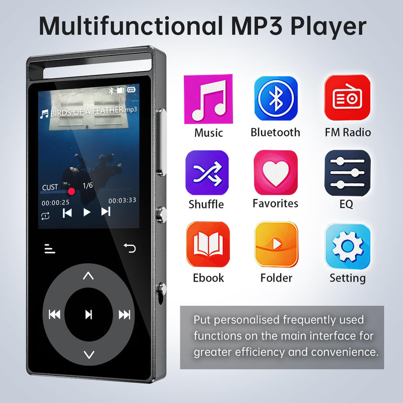 [AUSTRALIA] - 90G MP3 Player with Bluetooth 5.3, MP3 Players Build-in Touch Buttons, E-Book, Color Screen, HiFi Sound Portable Music Player for Kids,Supports up to 128GB, Earphones Included (Black) Black 