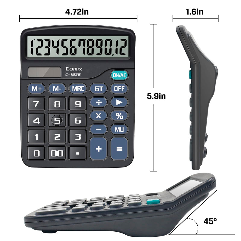 Comix Desktop Calculator 12 Digit with Large LCD Display and Big Button, 12 Digits Baisc Calculator, Solar Battery Dual Powered, for Office Home School C-1832 (Black) Black