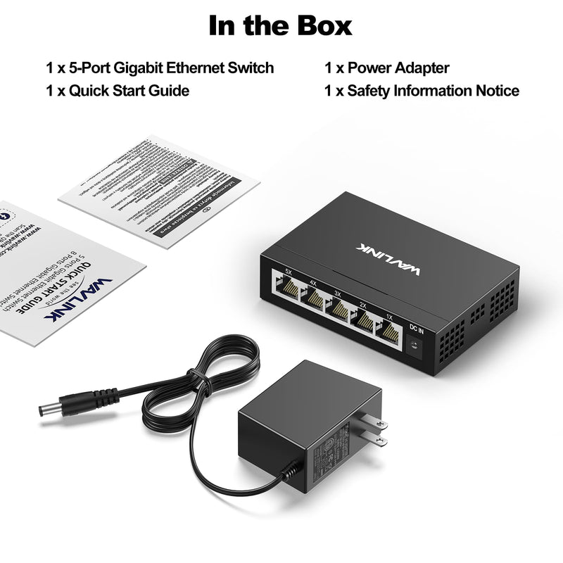 WAVLINK 5-Port Gigabit Ethernet Unmanaged Switch, Home Network Hub, Office Ethernet Splitter, Plug & Play, Desktop/Wall Mount, Silent Operation, Metal Case Non-PoE 5 Port