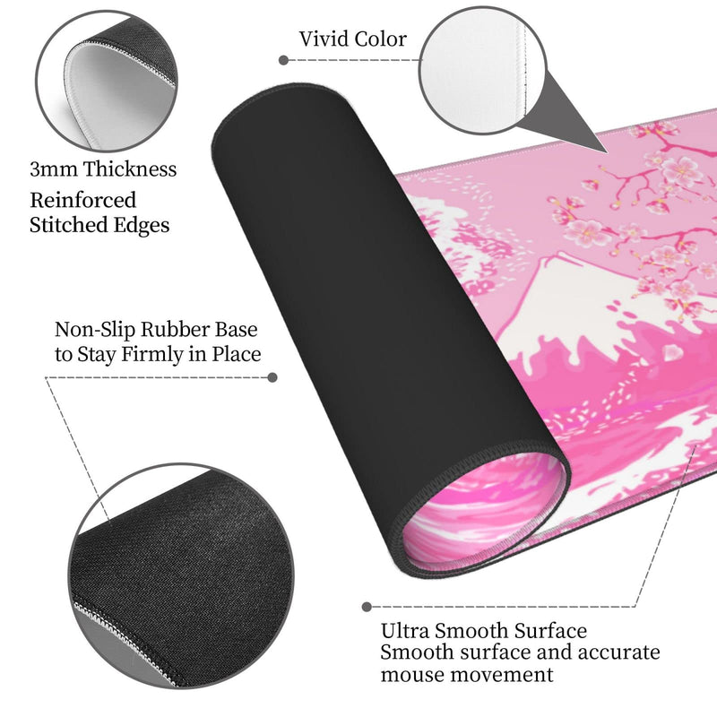 Pink Japanese Wave Cherry Blossom Gaming Mouse Pad XL, Large Non Slip Rubber Mousepad, Stitched Edges Desk Pad, Long Extended Mice Pad,31.5'' X 11.8'' Pink Japanese Wave Cherry Blossom
