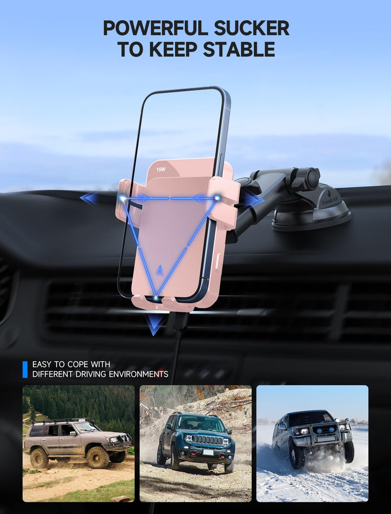 Wireless Car Charger 15W Auto Clamping Phone Holder Dash Windshield Vent | Car Charger Compatible with iPhone 17 16 15 14/13/13 Pro/12 pro/12/11/X/8, Samsung S24/S23/S22 Pink