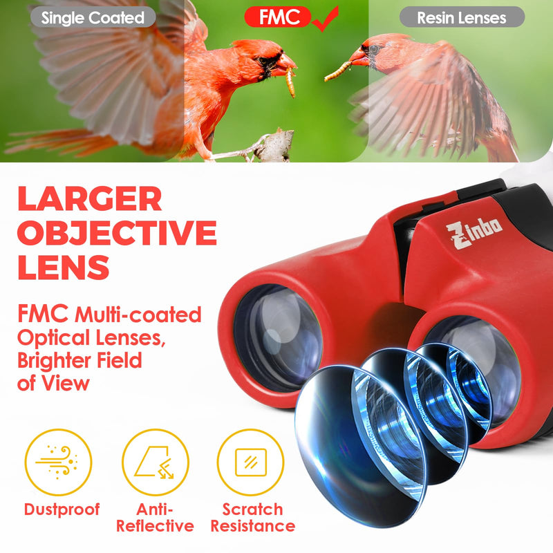 [AUSTRALIA] - Binoculars for Kids 8x21 High-Resolution Real Optics with Magnifying Glass & Whistle Compass, Kids Binoculars for 3-12 Years Boys and Girls, Best Kids Toys for Outdoor Bird Watching, Hiking, Travel Red 
