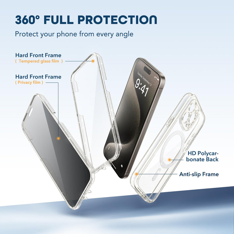 Magnetic for iPhone 15 Pro Max Case, [Dustproof Design] Compatible with MagSafe, Built-in 9H Tempered Glass Screen Protector + Privacy Screen Protector & Upgraded Camera Protection,Shiny Clear Shiny Clear iPhone 15 Pro Max 6.7 inch