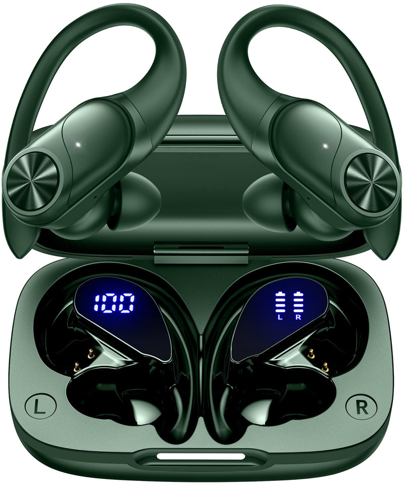 2 Sets Bluetooth Headphones Wireless Earbuds 80hrs Playtime Wireless Charging Case Sports Ear buds with Earhook Premium Deep Bass IPX7 Waterproof Over-Ear Earphones for TV Phone Laptop Olive and Blue