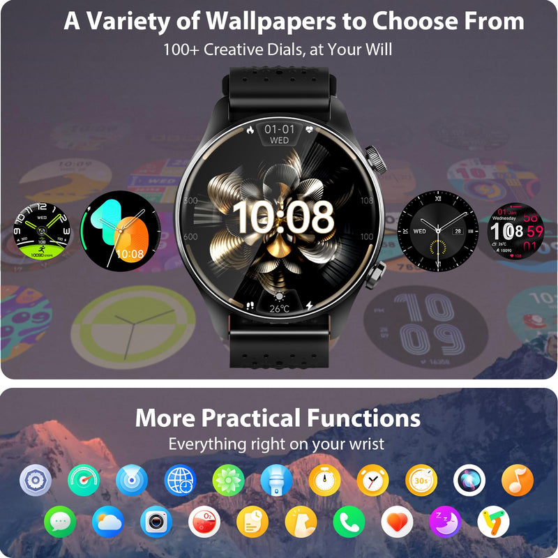 GPS Smart Watch Men Women, 30m Waterproof for Android iPhone | Running Watch Men Bluetooth Call, 1.43" Round AMOLED Display, Heart Rate/Sleep/SpO2 Monitor, 100+ Sport Modes Step Counter Black+Black