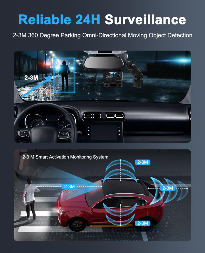 USB-C Dash Cam Hardwire Kit with 360° Radar & 24H Parking Monitor | USB-C hardwire kit with dual 360° radar, 24H parking monitor, low voltage protection and 12V-24V compatibility.