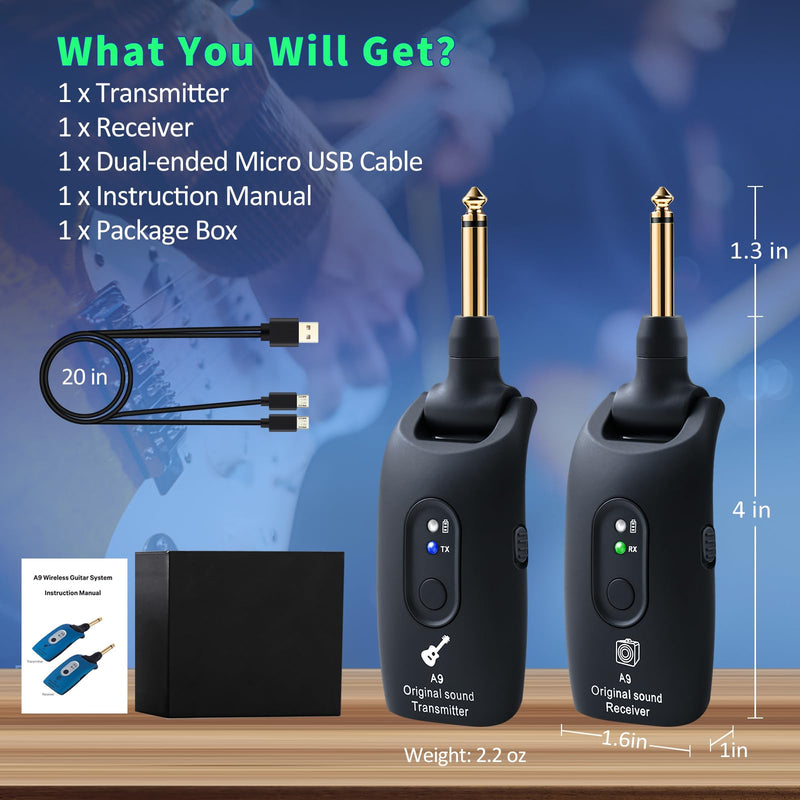 [AUSTRALIA] - A9 Wireless Guitar System - 2.4GHz Guitar Accessories Transmitter Receiver, 24-bit 48KHz Audio, 100ft Range, No Latency, 4-Hour Rechargeable Battery, for Electric Bass (Black(1TX+1RX)) Black 