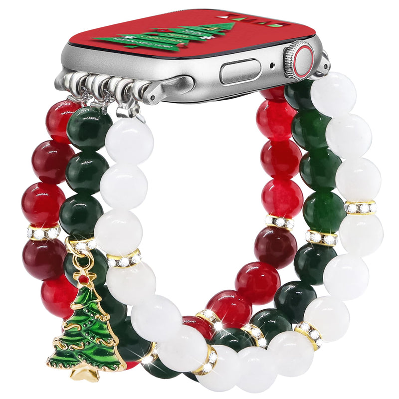 Newlibery Christmas Natural Stone Bracelet Band Gold Charms Metal Strap Bundle Compatible with Apple Watch 38mm 40mm 41mm 42mm 44mm 45mm 46mm 49mm for Women for iWatch Series 10/9/8/7/6/5/4/3/2/1/SE