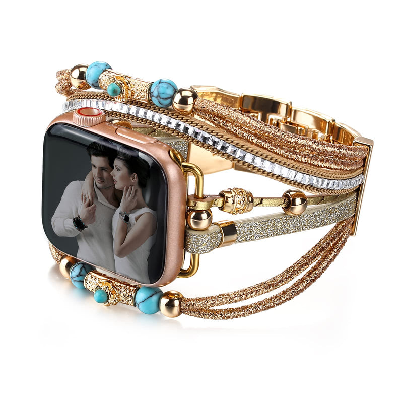 Boho Leather Bands Compatible with Apple Watch Band Bracelet for Women Men 38mm/40mm/41mm, Multilayer Apple Watch Strap for Iwatch Band Series 8/7/6/5/4/3/2/1/SE Ultra