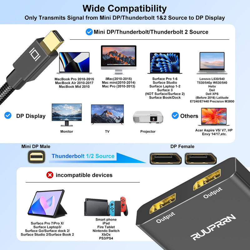 Mini DisplayPort to Dual DisplayPort 1.4 Adapter, Single 8K60Hz,HDR | Thunderbolt 2 Male to 2 DP Female Splitter Extended Display Port Splitter for MacBook Air/Pro,Mac mini,Surface Pro/Dock Gold