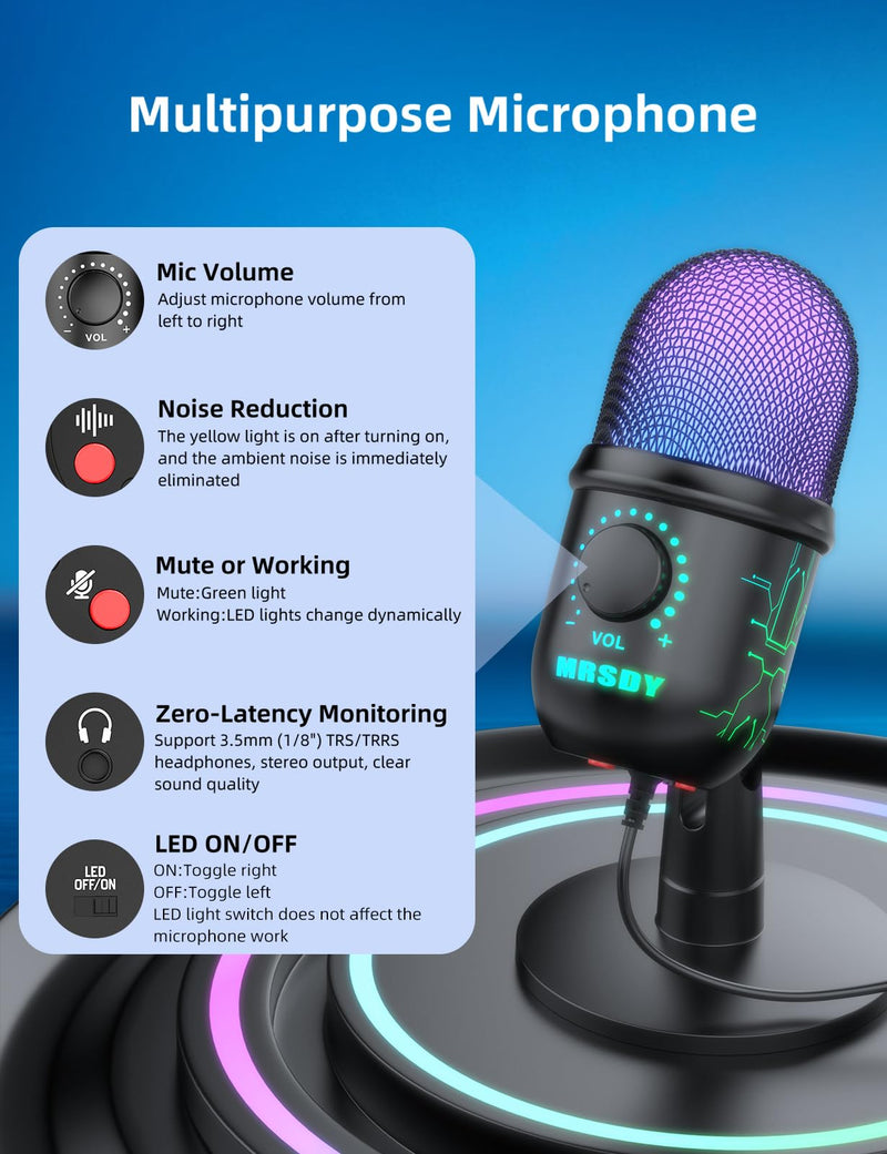 Gaming Microphone, USB Computer Microphone for PC, Mac, PS4/5, Condenser Podcast Mic for Studio Recording, YouTube, Streaming, with Headphone Jack, Led Light, Mute, Gain, Noise Cancellation V5-P