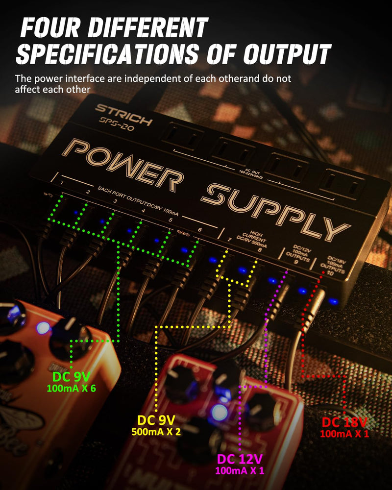[AUSTRALIA] - STRICH SPS-20 Guitar Power Supply 10 Isolated DC Output for 9V/12V/18V Effect Pedal 