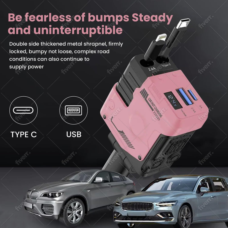 4-in-1 Retractable Car Charger, 120W Fast Charging, USB & Type-C Ports, Pink