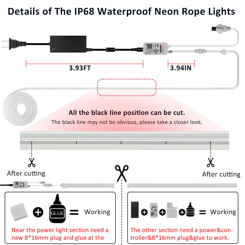 Neon Rope Lights, 16.4FT RGB LED Strip Lights App Control,IR Remote,Music Syncing,Outdoor IP67 Waterproof,Flexible DIY Design for Bedroom,Living,Gaming,Party Decoration