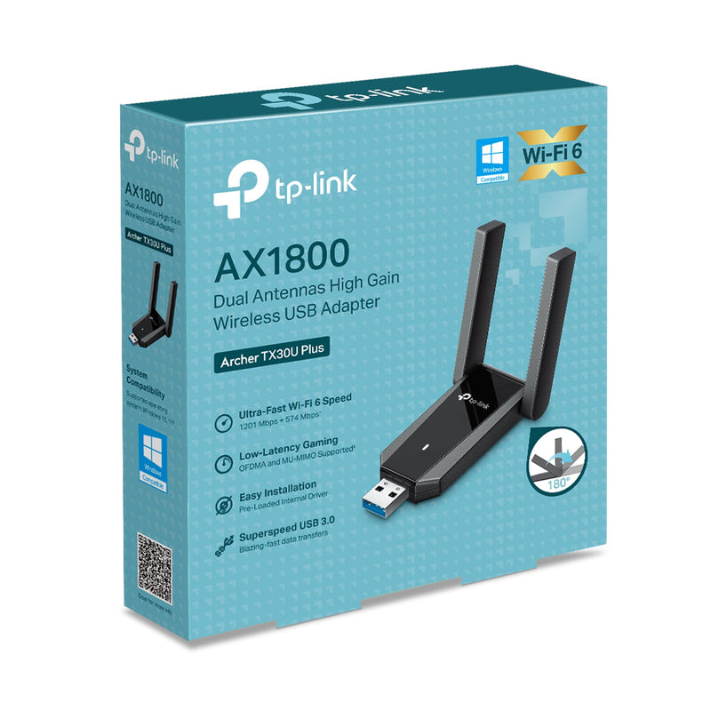 [AUSTRALIA] - TP-Link USB 3.0 WiFi Adapter for Desktop PC (Archer TX30U Plus)-AX1800 WiFi 6 Dual-Band Plug and Play Wireless Network Adapter with 2.4GHz, 5GHz, 2×High Gain Antenna, WPA3, Supports Windows 11/10 AX1800, WiFi 6 