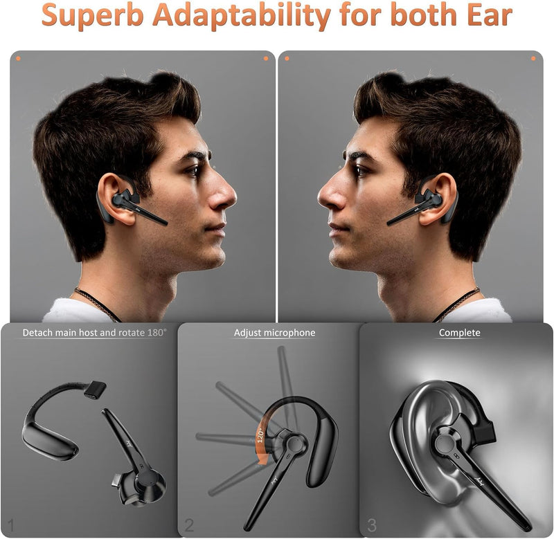 Wireless Bluetooth Headset with Microphone 30 Hrs Talking Time V5.3 Auriculares Bluetooth Earpiece,AI Noise Cancelling Bluetooth Earphones for Trucker Office Home Black