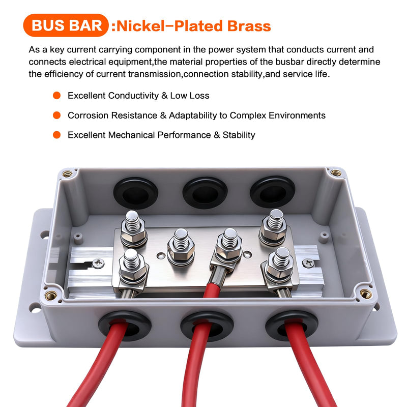 12-48V Heavy Duty 500A Bus Bar Tin-Plated Copper Block 6xM8(5/16") Studs Waterproof Belt Protective Coil Shell Battery Buss Bars for Automotive Boat RV Solar System Marine car Audio Wiring