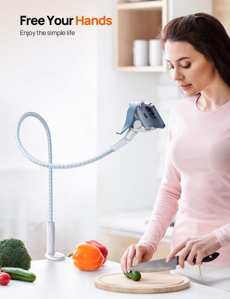 Gooseneck Phone Holder for Bed - [2023 Upgrade Nylon Braid] 38” Flexible Lazy Arm Clip, 360 Adjustable Overhead Phone Mount for iPhone 14 13 12 11 Pro Max Mini Plus, all 4-7" Cellphone - White