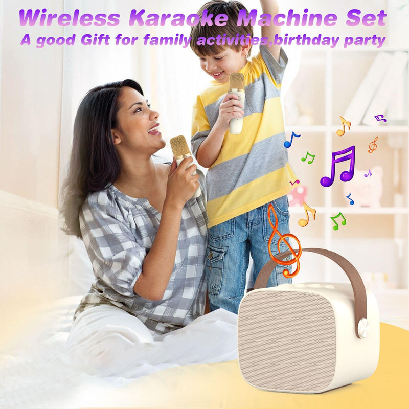 Mini Karaoke Machine Microphone,Fun Toys Christmas Birthday Gifts for Adult Kids/Toddler Boys Girls 3 4 5 6 7 8 9 10 11 12+,Portable Bluetooth Speaker with 2 Wireless Microphone Beige 2 Mics