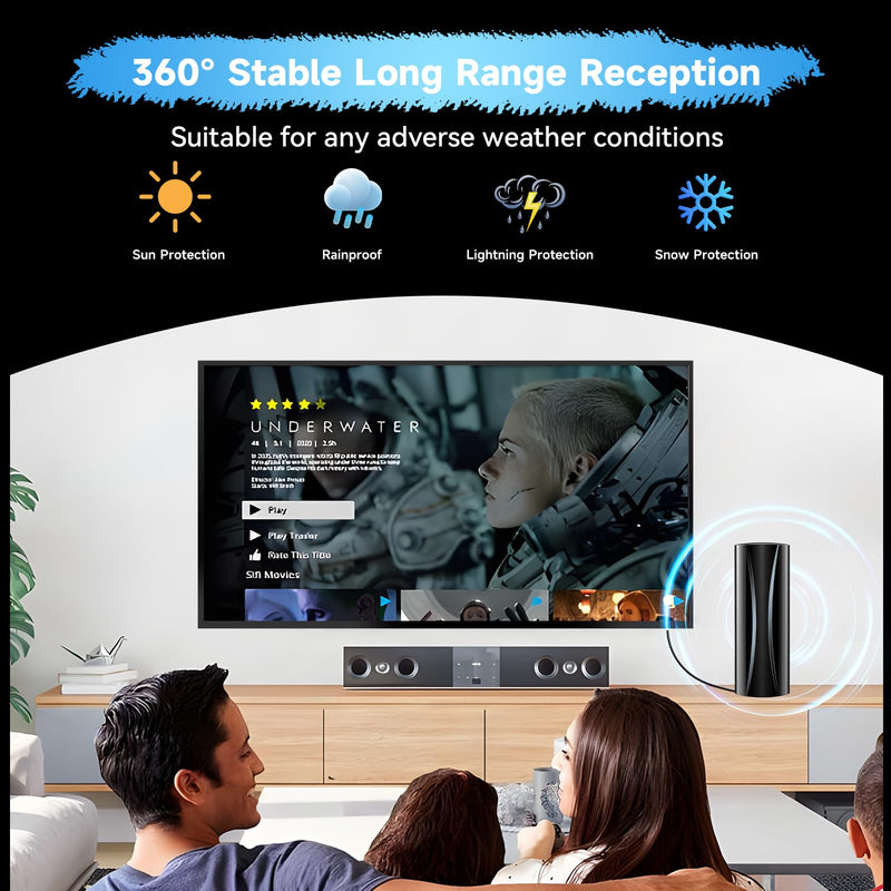 5000+ Miles Indoor TV Antenna,2026 Strongest Digital Antenna for Smart TV and Old TVs, 360° Reception HD Antenna for Local Channels with Amplifier Signal Booster Support 4K 8K 1080p-40ft Coaxial Cable Black