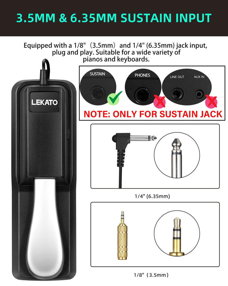 LEKATO Universal Sustain Pedal for Keyboard with Polarity Switch, 1/4'' 6.35mm TS Plug with 1/8" 3.5mm TRS Adapter, Fit for Digital Piano Electric Keyboards Midi Synthesizer 6.35MM Plug & 3.5MM Adpater