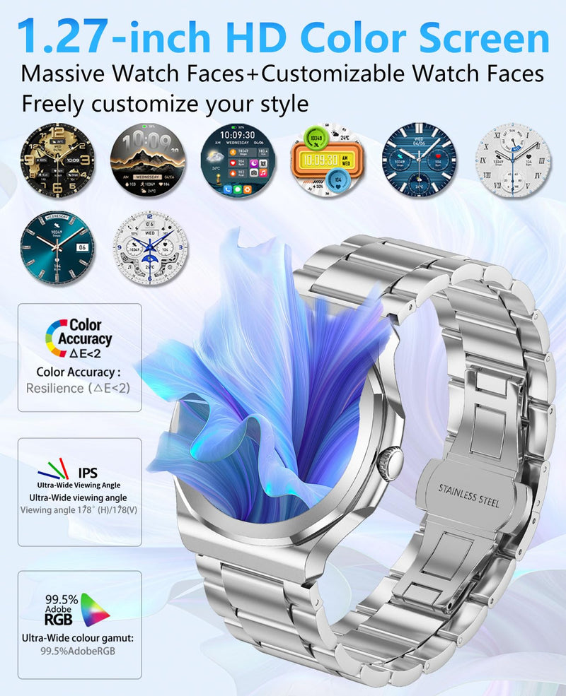 Smart Watch for Men Women Fitness Tracker 1.27" HD Touch Screen Bluetooth Call Android/iOS Compatible 24/7 Heart Rate/Sleep Monitor IP67 Waterproof Fitness Tracker (Steel Silver RT-50) Steel Silver RT-50