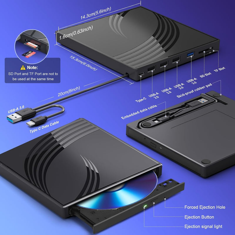 [AUSTRALIA] - BPAKDU External CD/DVD Drive for Laptop with Carrying Case,DVD Player for Laptop,Portable CD Burner with 4 USB Ports, 2 TF/SD Card Slots,CD Disk Drive Player Reader Write Black 