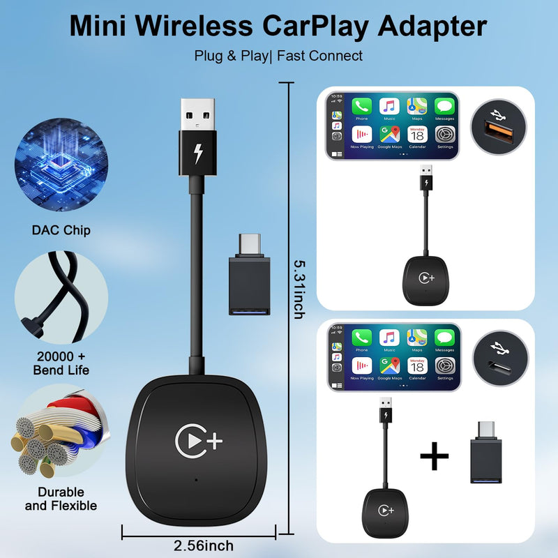 Wireless CarPlay Adapter, CarPlay Wireless Adapter Supports Netflix, YouTube, and Tiktok Stream Media Play, for OEM Wired CarPlay to Wireless Dongle, Fits for Cars from 2016 & iOS 10+ Phone