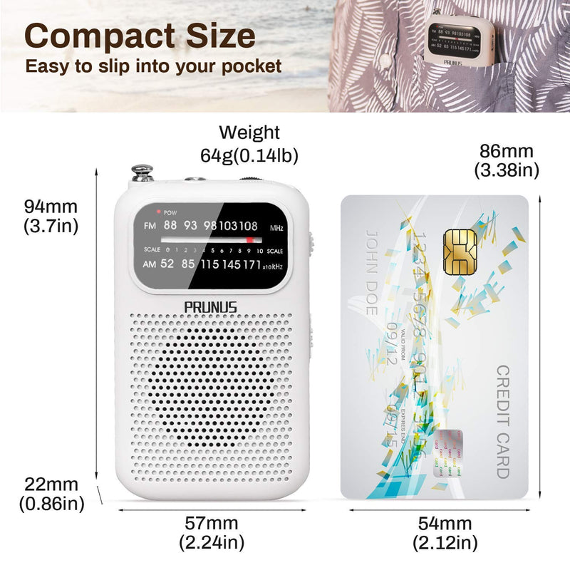 [AUSTRALIA] - PRUNUS J-777 Pocket Radios Portable AM FM Small Personal Radio with Best Reception, AAA Battery Operated Transistor Radio with Headphone & Speaker for Walk/Jogging/Camping White 