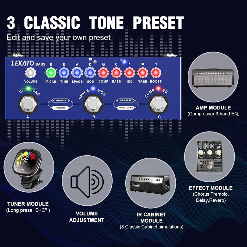 LEKATO Bass Multi Effects Pedal, Guiter Peda with IR Loading 9 AMP Models, Delay Reverb Chorus, Multi Effects Processor for Bass, Bluetooth 5.0,Recording, Built-in Battery For Bass Guitar