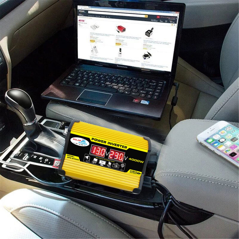 YUHOME Modified Sine Wave Inverter High Frequency 4000W Peak Power Watt Power Inverter DC 12V to AC 110V Converter Car Power Charger Inverter with 2.1A Dual USB Port Battery Clips Display Screen