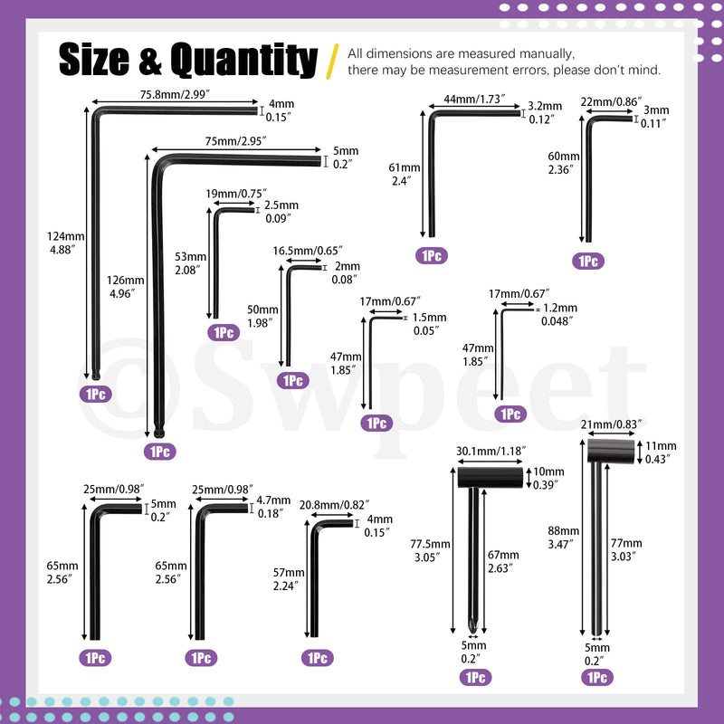Swpeet 13Pcs Guitar Allen Wrench Set, Including 9Pcs Allen Wrench, 7mm & 8mm Truss Rod Hex Box Wrenches and 4mm & 5mm Ball End Truss Rod Wrenches, Fit for Guitar Bass Neck Bridge Nut Screw Adjustment