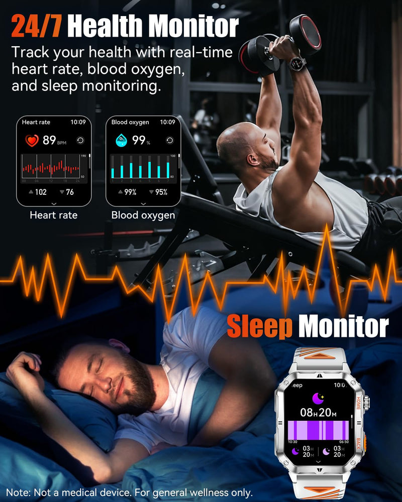 Military Smart Watch for Men, 2.01'' Fitness Tracker with 1200mAh Long Battery Life, Bluetooth Calls, Flashlight, IP68 Waterproof, Heart Rate/Sleep Tracking, 100+ Sports Modes for Android iPhone