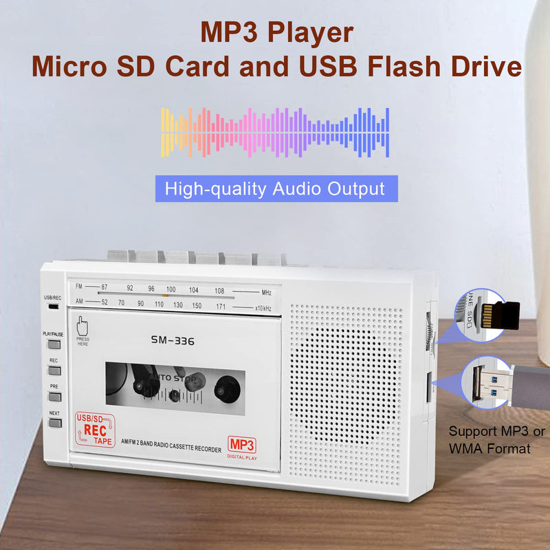 Portable Cassette Tape Player to Digital Converter via USB or SD Card, AM FM Walkman Cassette Tape Recorder Power by DC or AA Battery,Built-in Microphone, Speaker and Headphone Jack