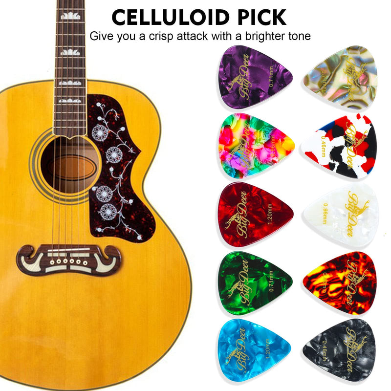 [AUSTRALIA] - 30 Pack Bright celluloid guitar picks, including 0.46mm, 0.71mm, 0.96mm and 1.2mm picks for acoustic guitars, ukulele, bass in tin case,comes with two guitar pick holders 