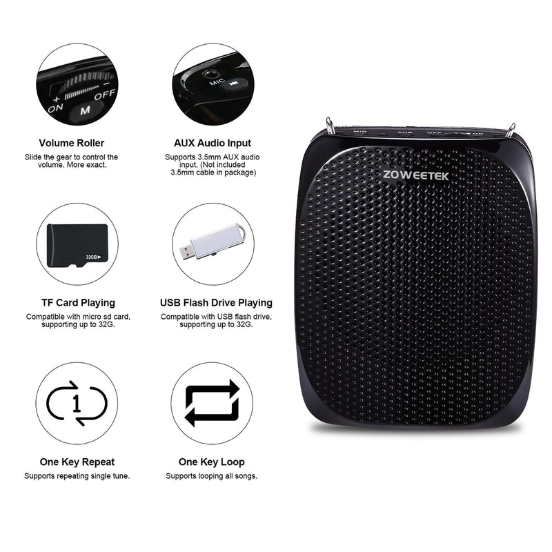[AUSTRALIA] - ZOWEETEK Original Voice Amplifier for Teachers with 2 Microphones, Wireless Voice Amplifier Microphone Headset, Portable Speaker Megaphone for Classroom, Training, Teaching, Yoga, Meeting, Speech Black 