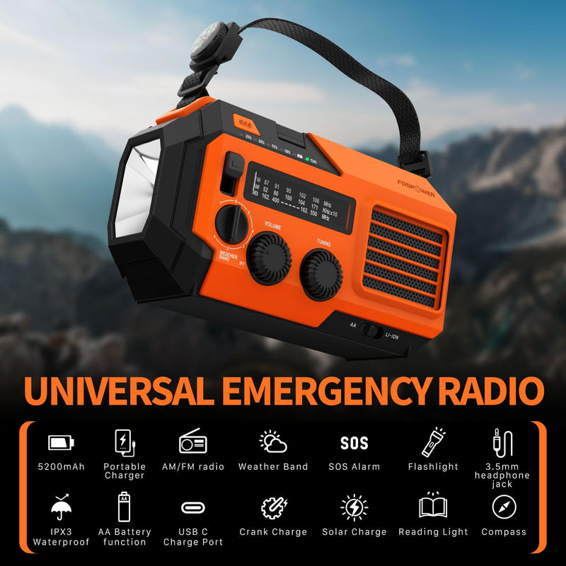 FosPower Emergency Weather Radio (Model A6) NOAA/AM/FM with 19240mWh Portable Power Bank, USB/Solar/Hand Crank Charging, Battery Operated, SOS Alarm & Flashlight for Indoor/Outdoor Emergency - Orange