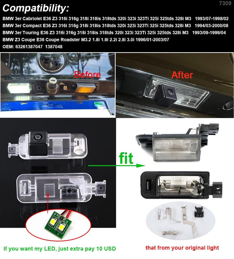 Car Backup Vehicle Camera Replacement for BMW E36 3er Series 316i 316g 318is 323i 325i 328i 320i M3 Z3 Touring Limousine Cabriolet Coupe 1992-1998 Waterproof Reverse Parking Night Vision