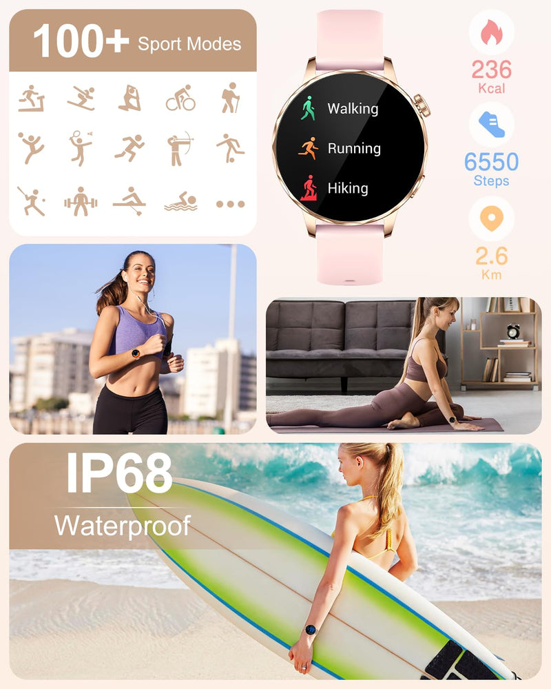 Smart Watch for Women with Bluetooth Calling, 1.27" AMOLED Touchscreen, IP68 Waterproof Fitness Tracker with Heart Rate & Sleep Monitor, 100+ Sports Modes for Android & iPhone (Pink)