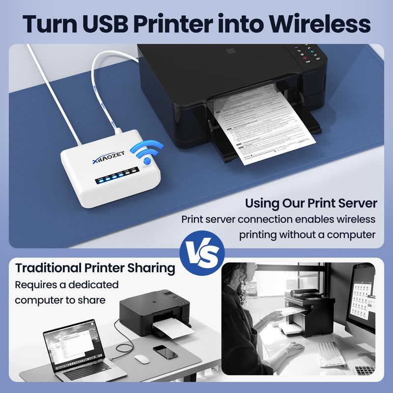 LK100W Wireless Print Server, USB 2.0 Printer Sharing | Convert USB printers to network printers via Ethernet or WiFi; share one printer with multiple computers 1 USB Port