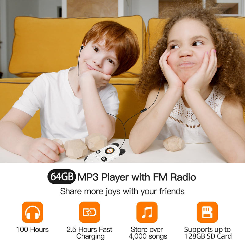 RUIZU 64GB MP3 Player for Kids, Cute Panda Portable Music Player MP3, Child MP3 Player with Bluetooth 5.3, Speaker, FM Radio, Voice Recorder, Alarm Clock, Stopwatch, Pedometer, Support up to 128GB