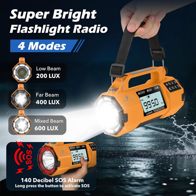 Emergency FM/AM/SW Weather Radio, Big Flashlight/Speaker,Type-C,Sleep Timer Alarm Clock, Solar Hand Crank Charge, 5000mAh Replaceable Battery,Cell Phone Charger Hurricane Survival kit yellow