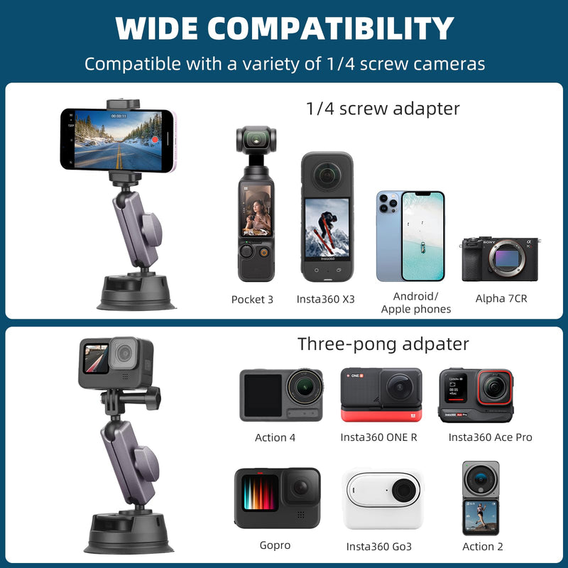 Pocket 3 Suction Cup Mount, Car Mount Windshield and Window Camera Holder for DJI Osmo Pocket 3 2, Action 4, Insta360 X4 X3 Go 3S, GoPro Hero 12 11 10 9 Accessories - Aluminum Alloy Metal