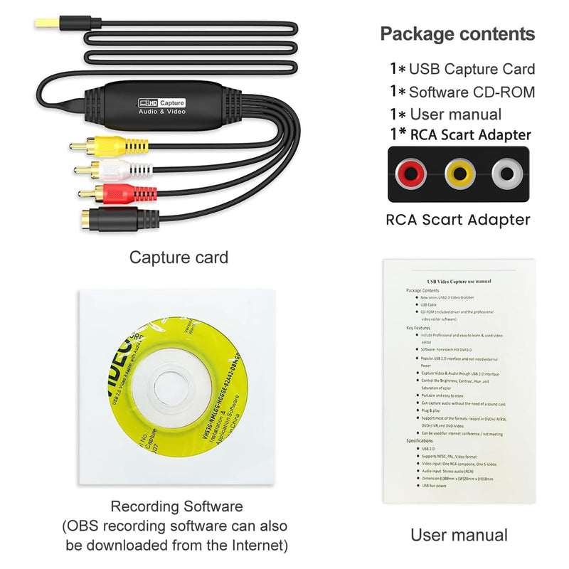 [AUSTRALIA] - VHS to Digital Converter, USB Video Capture Card, RCA AV to USB Audio Video Transfer Grabber, Convert Analog VHS VCR to Digital Adapter for PC DV Camera DSLR DVD Compatible Windows Mac OS 