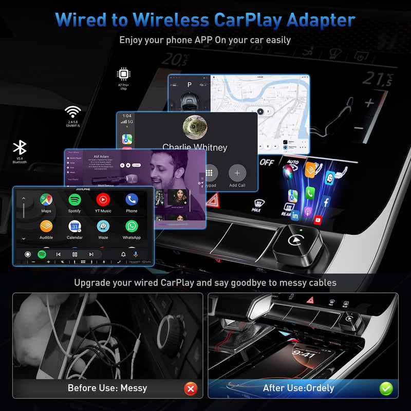 iGENJUN Wireless CarPlay Adapter 2026 Upgrade Mini Design, USB/USB-C Plug & Play Converts CarPlay to Wireless - Easy Use Fast Stable Connection Car Play for iPhone & Android Black