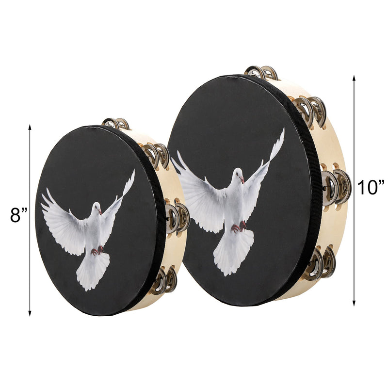 [AUSTRALIA] - Elsjoy Set of 2 Tambourine, 10" and 8" Dove Church Tambourine with Double Row Jingle, Wooden Handbell Hand Clap Drum Percussion Instrument for Church, Black 